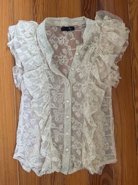 Ryu Cream Sheer Lace Ruffle Button-Front Top